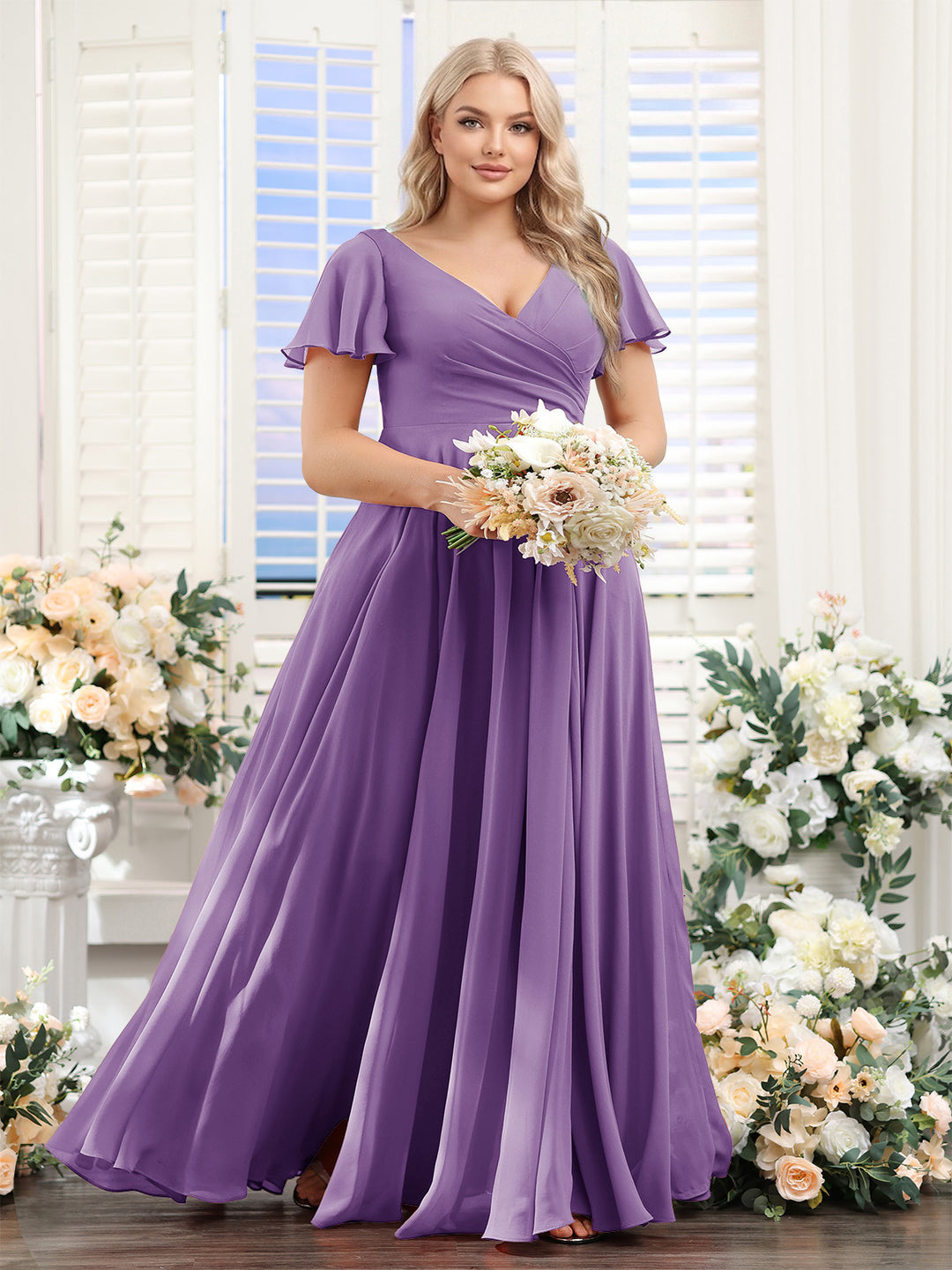 A-Line V-Neck Short Sleeves Split Side Ruched Chiffon Plus Size Bridesmaid Dresses