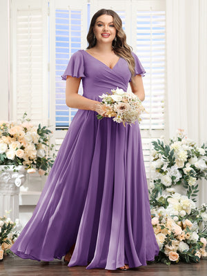 A-Line V-Neck Short Sleeves Split Side Ruched Chiffon Plus Size Bridesmaid Dresses