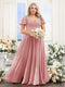 A-Line V-Neck Short Sleeves Split Side Ruched Chiffon Plus Size Bridesmaid Dresses