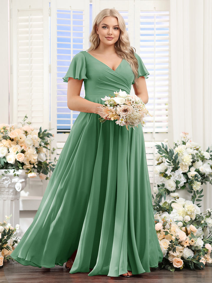 A-Line V-Neck Short Sleeves Split Side Ruched Chiffon Plus Size Bridesmaid Dresses