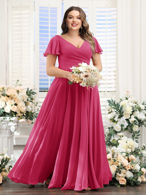 A-Line V-Neck Short Sleeves Split Side Ruched Chiffon Plus Size Bridesmaid Dresses