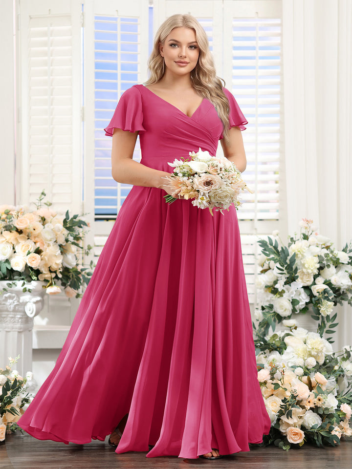 A-Line V-Neck Short Sleeves Split Side Ruched Chiffon Plus Size Bridesmaid Dresses