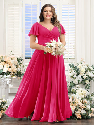 A-Line V-Neck Short Sleeves Split Side Ruched Chiffon Plus Size Bridesmaid Dresses