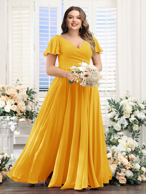 A-Line V-Neck Short Sleeves Split Side Ruched Chiffon Plus Size Bridesmaid Dresses