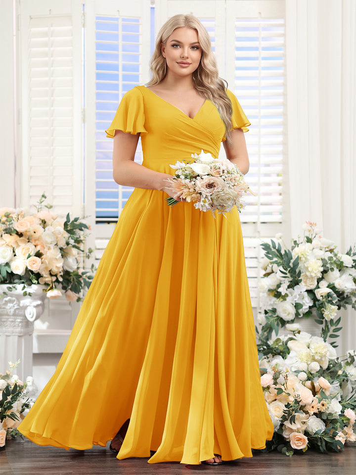 A-Line V-Neck Short Sleeves Split Side Ruched Chiffon Plus Size Bridesmaid Dresses