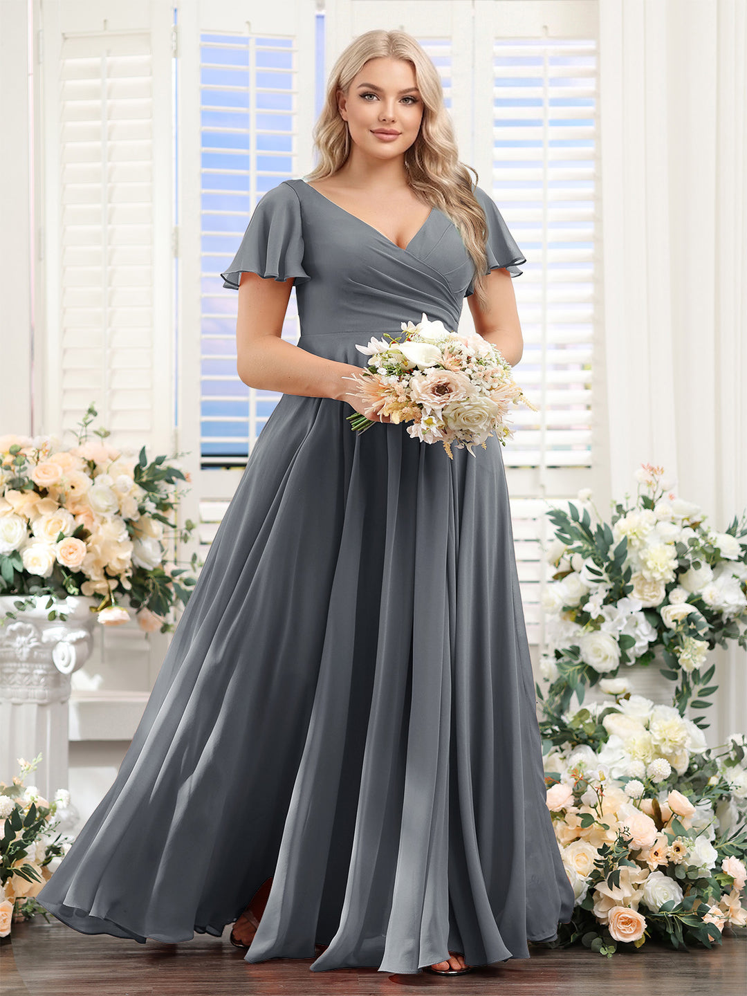 A-Line V-Neck Short Sleeves Split Side Ruched Chiffon Plus Size Bridesmaid Dresses