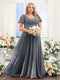 A-Line V-Neck Short Sleeves Split Side Ruched Chiffon Plus Size Bridesmaid Dresses