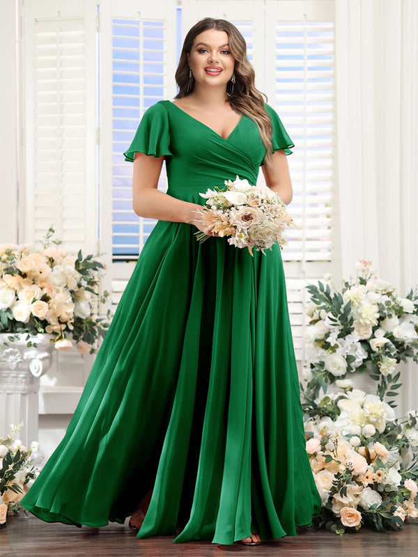 A-Line V-Neck Short Sleeves Split Side Ruched Chiffon Plus Size Bridesmaid Dresses