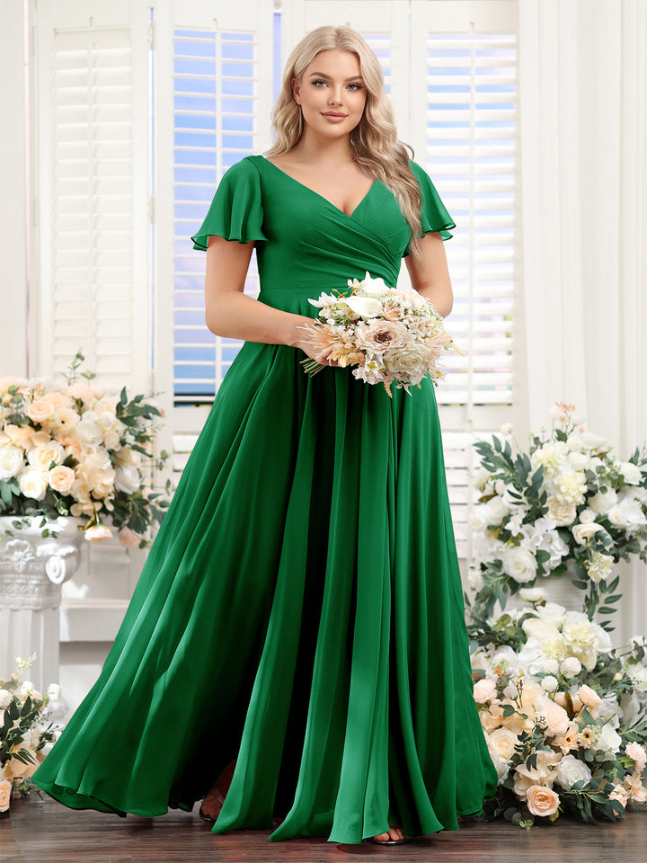 A-Line V-Neck Short Sleeves Split Side Ruched Chiffon Plus Size Bridesmaid Dresses