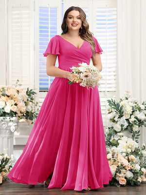 A-Line V-Neck Short Sleeves Split Side Ruched Chiffon Plus Size Bridesmaid Dresses