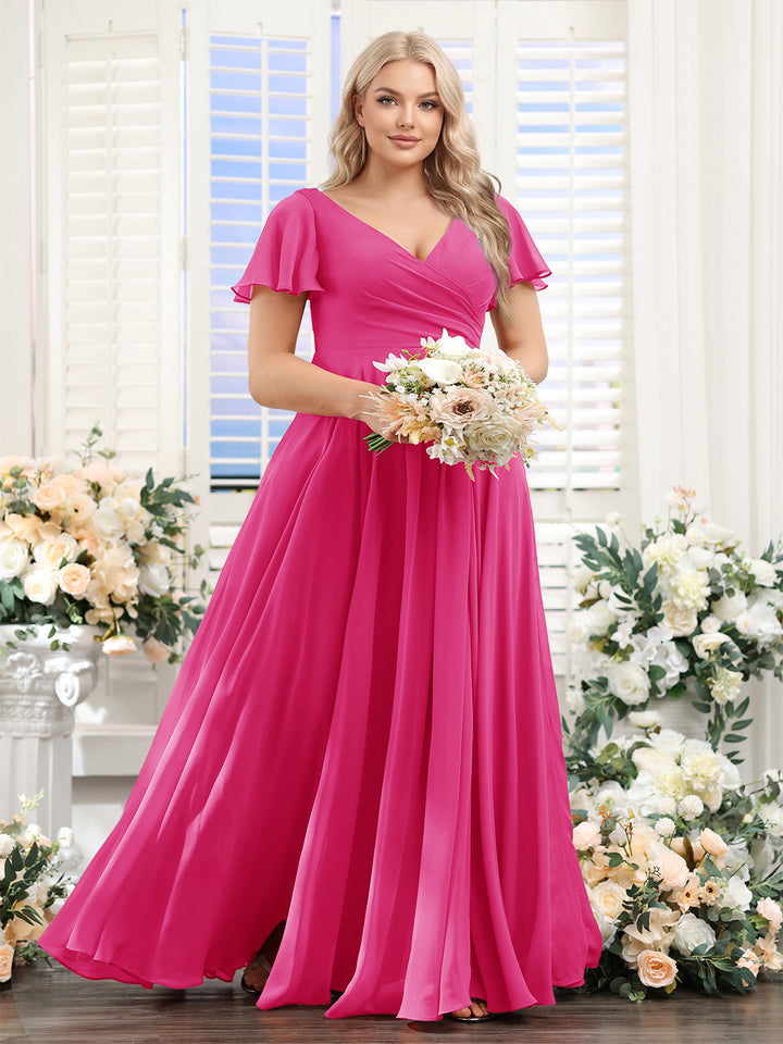 A-Line V-Neck Short Sleeves Split Side Ruched Chiffon Plus Size Bridesmaid Dresses