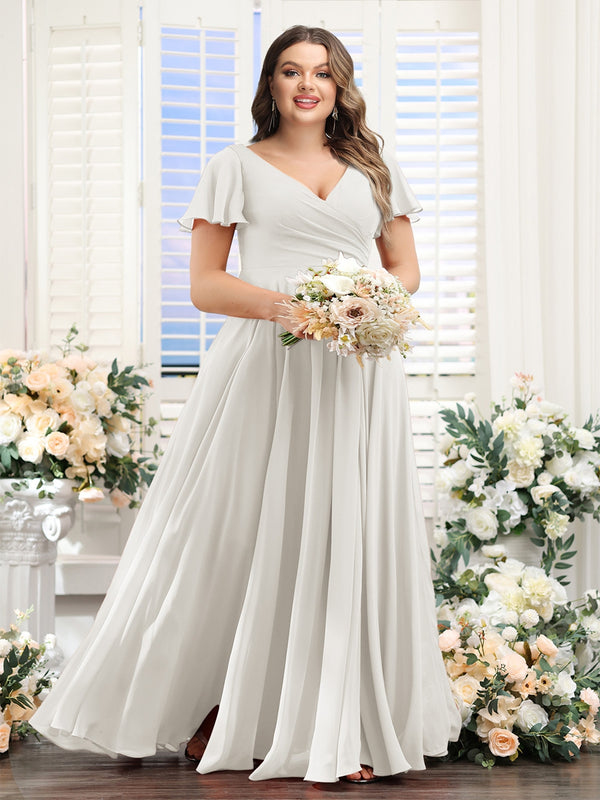 A-Line V-Neck Short Sleeves Split Side Ruched Chiffon Plus Size Bridesmaid Dresses
