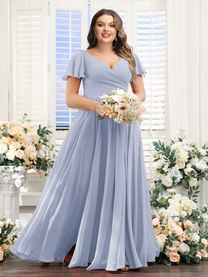 A-Line V-Neck Short Sleeves Split Side Ruched Chiffon Plus Size Bridesmaid Dresses