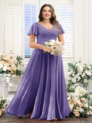 A-Line V-Neck Short Sleeves Split Side Ruched Chiffon Plus Size Bridesmaid Dresses