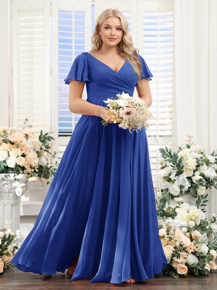 A-Line V-Neck Short Sleeves Split Side Ruched Chiffon Plus Size Bridesmaid Dresses