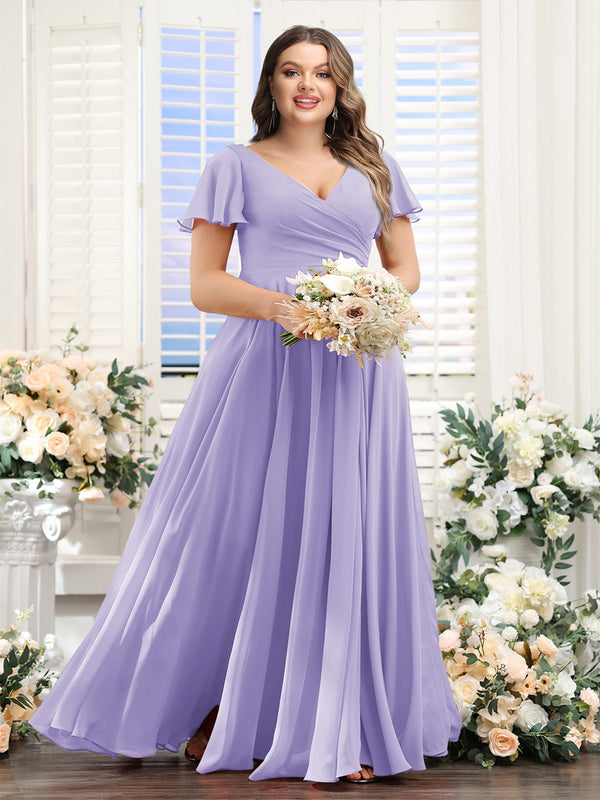 A-Line V-Neck Short Sleeves Split Side Ruched Chiffon Plus Size Bridesmaid Dresses