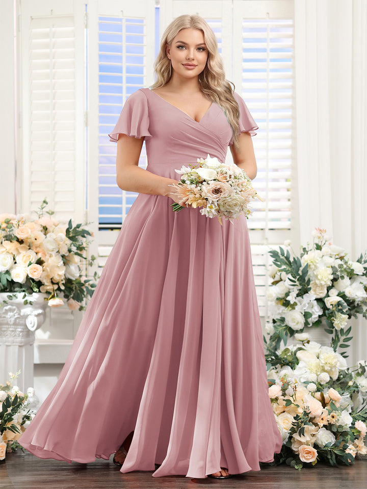 A-Line V-Neck Short Sleeves Split Side Ruched Chiffon Plus Size Bridesmaid Dresses