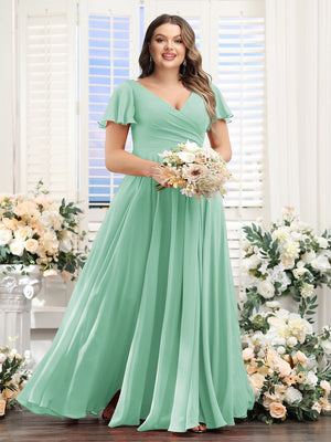 A-Line V-Neck Short Sleeves Split Side Ruched Chiffon Plus Size Bridesmaid Dresses
