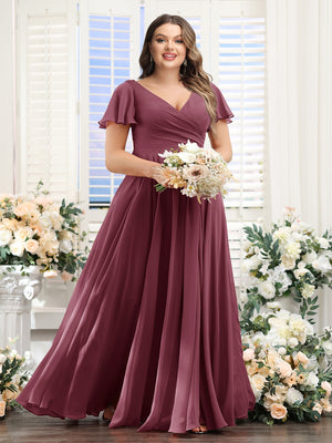 A-Line V-Neck Short Sleeves Split Side Ruched Chiffon Plus Size Bridesmaid Dresses