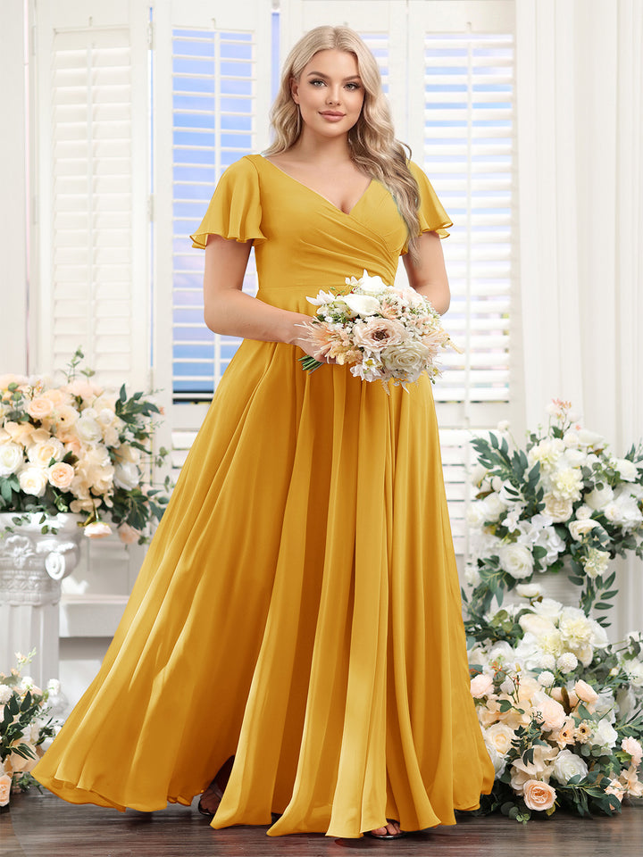 A-Line V-Neck Short Sleeves Split Side Ruched Chiffon Plus Size Bridesmaid Dresses