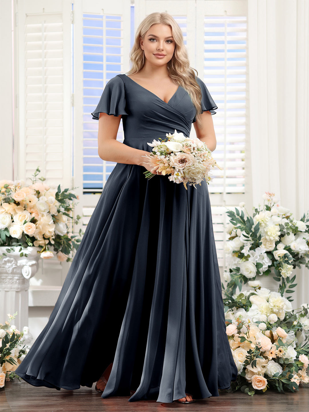 A-Line V-Neck Short Sleeves Split Side Ruched Chiffon Plus Size Bridesmaid Dresses