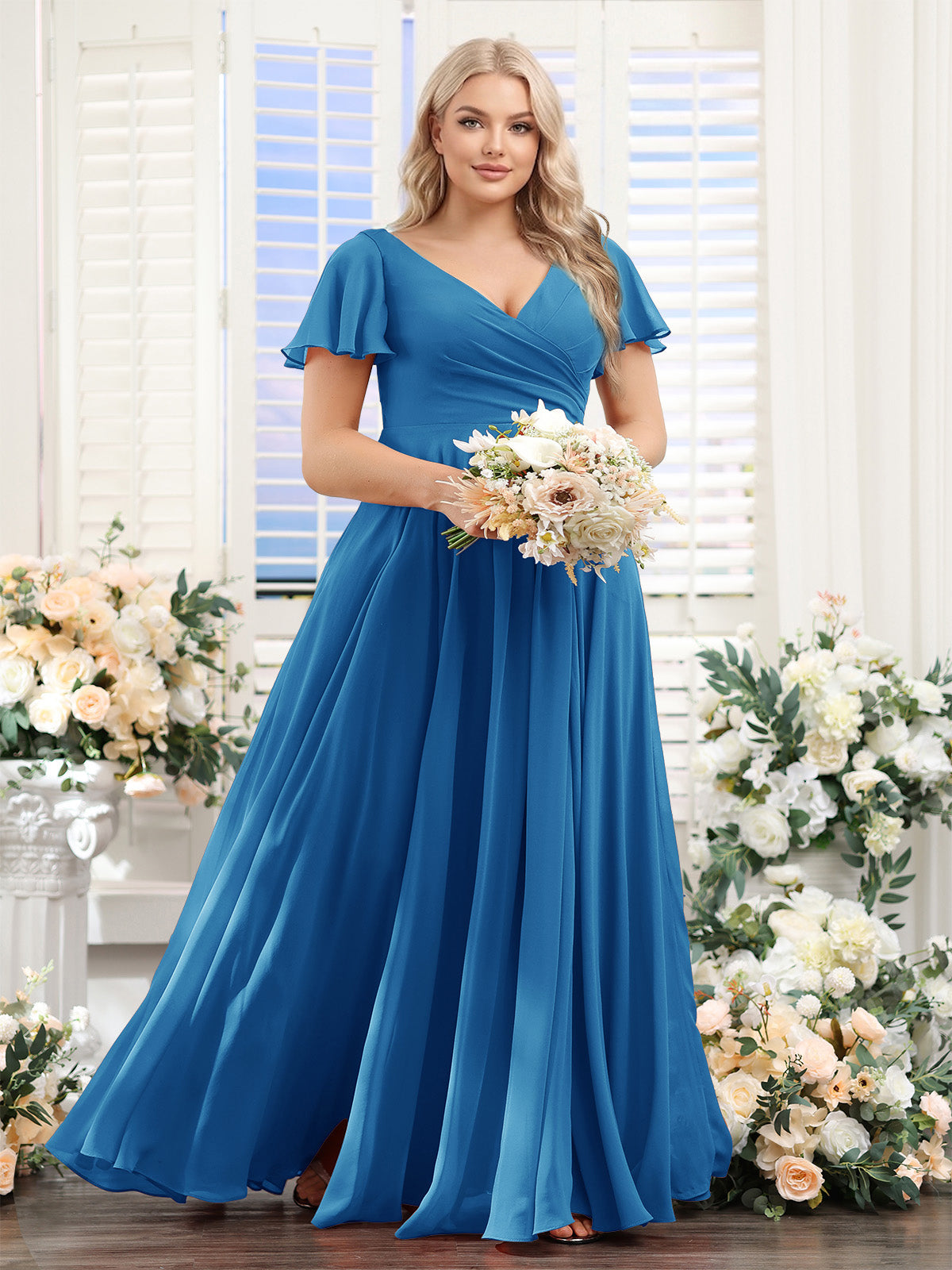 Lavetir Ocean Blue A-Line V-Neck Short Sleeves Split Side Ruched Chiffon Plus Size Bridesmaid Dresses 2026