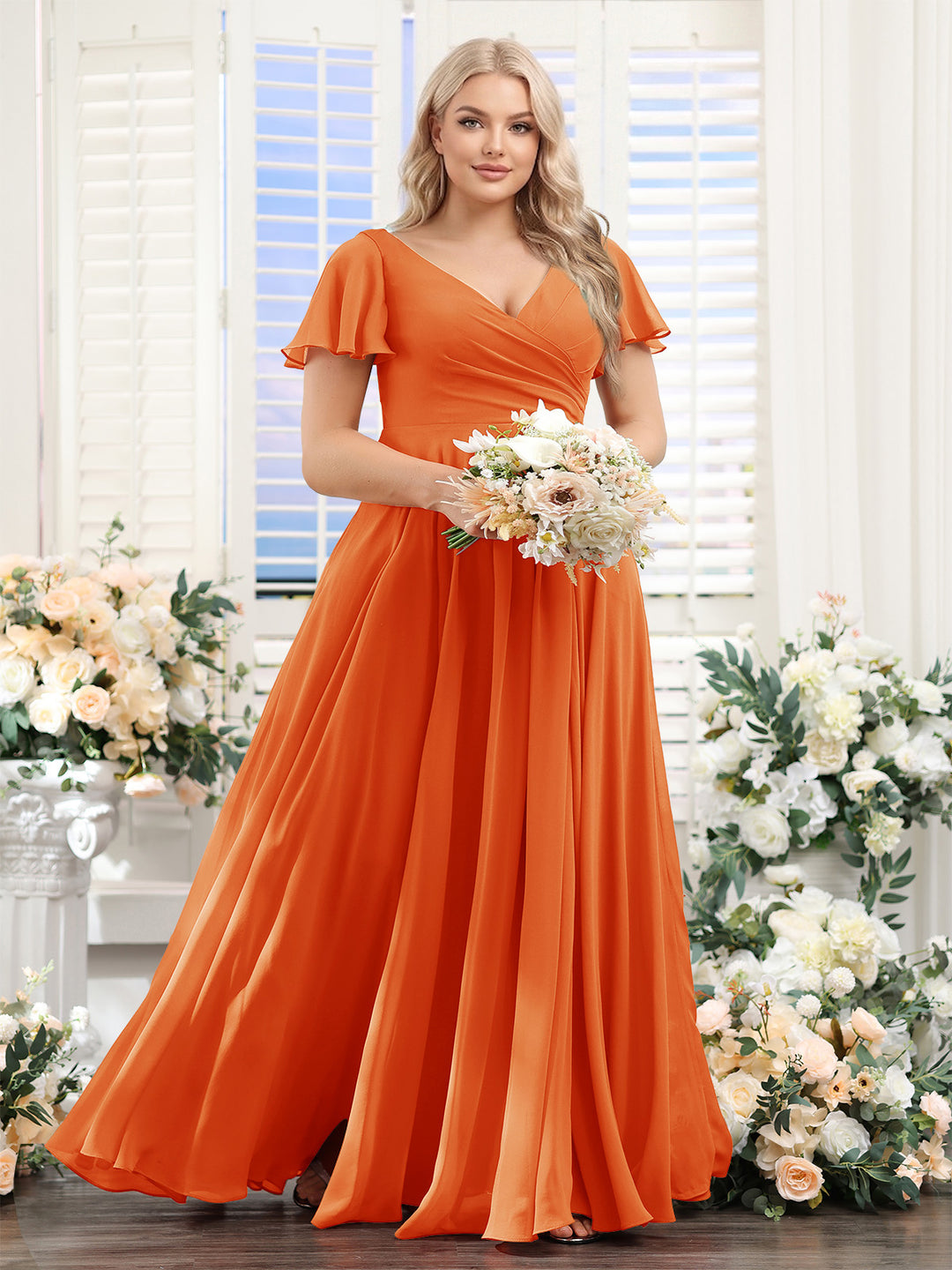 A-Line V-Neck Short Sleeves Split Side Ruched Chiffon Plus Size Bridesmaid Dresses
