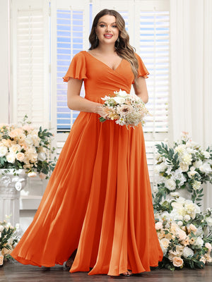 A-Line V-Neck Short Sleeves Split Side Ruched Chiffon Plus Size Bridesmaid Dresses