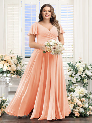 A-Line V-Neck Short Sleeves Split Side Ruched Chiffon Plus Size Bridesmaid Dresses