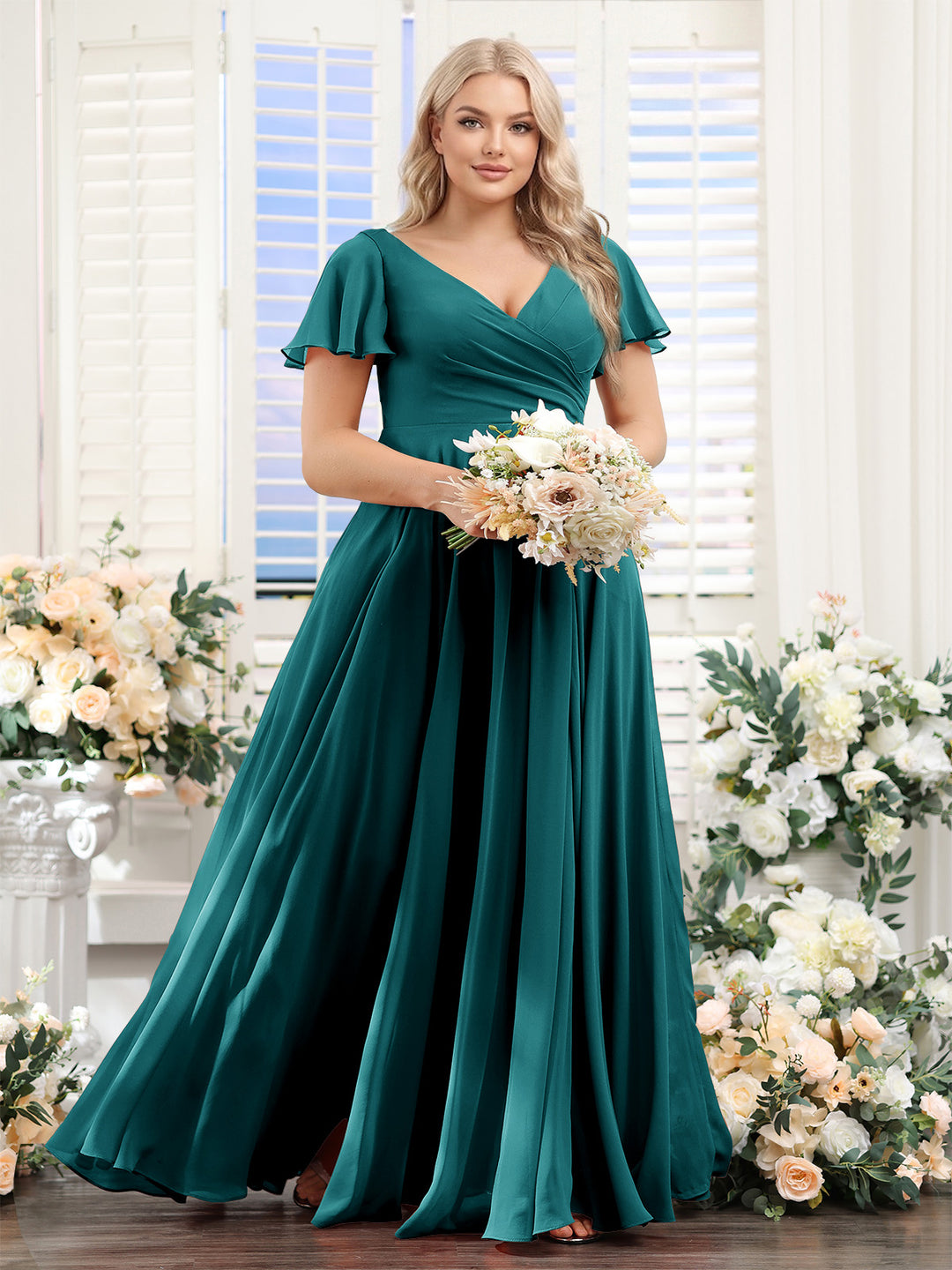 A-Line V-Neck Short Sleeves Split Side Ruched Chiffon Plus Size Bridesmaid Dresses