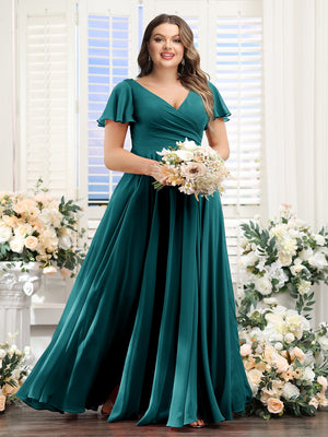 A-Line V-Neck Short Sleeves Split Side Ruched Chiffon Plus Size Bridesmaid Dresses