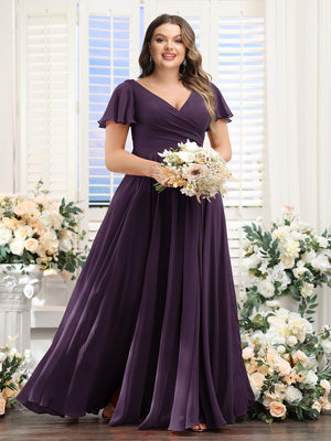 A-Line V-Neck Short Sleeves Split Side Ruched Chiffon Plus Size Bridesmaid Dresses