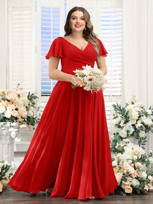 A-Line V-Neck Short Sleeves Split Side Ruched Chiffon Plus Size Bridesmaid Dresses