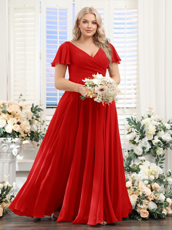 A-Line V-Neck Short Sleeves Split Side Ruched Chiffon Plus Size Bridesmaid Dresses