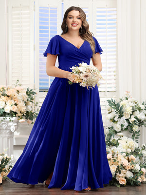 A-Line V-Neck Short Sleeves Split Side Ruched Chiffon Plus Size Bridesmaid Dresses
