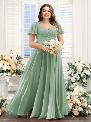 A-Line V-Neck Short Sleeves Split Side Ruched Chiffon Plus Size Bridesmaid Dresses