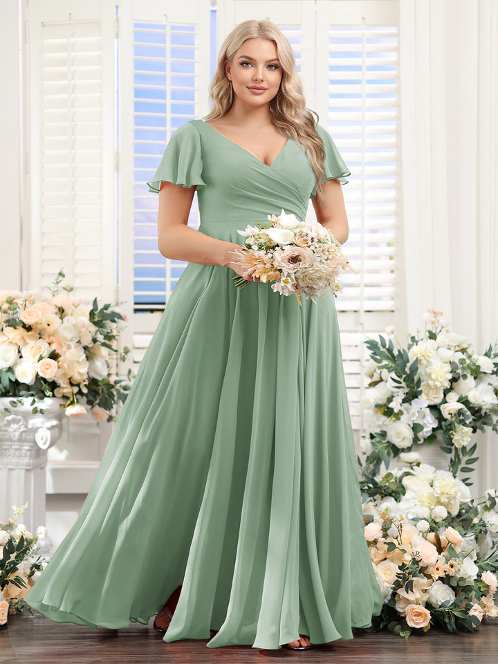 A-Line V-Neck Short Sleeves Split Side Ruched Chiffon Plus Size Bridesmaid Dresses