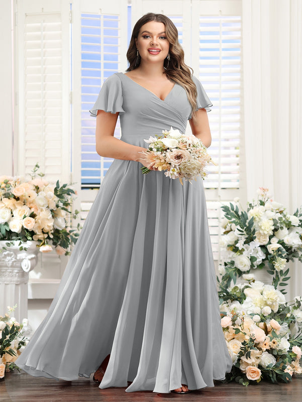 A-Line V-Neck Short Sleeves Split Side Ruched Chiffon Plus Size Bridesmaid Dresses