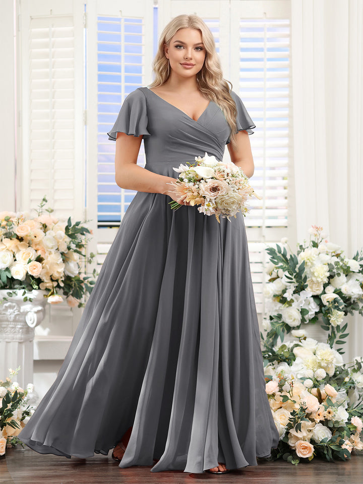A-Line V-Neck Short Sleeves Split Side Ruched Chiffon Plus Size Bridesmaid Dresses