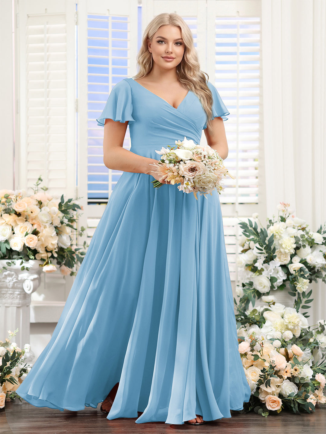 A-Line V-Neck Short Sleeves Split Side Ruched Chiffon Plus Size Bridesmaid Dresses