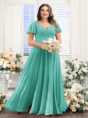 A-Line V-Neck Short Sleeves Split Side Ruched Chiffon Plus Size Bridesmaid Dresses