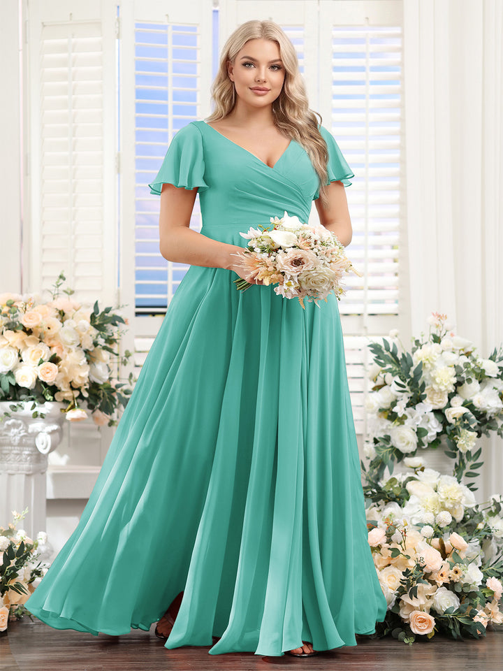 A-Line V-Neck Short Sleeves Split Side Ruched Chiffon Plus Size Bridesmaid Dresses