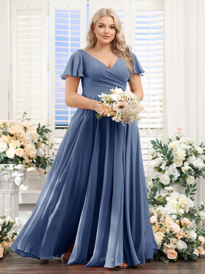 steel blue plus size bridesmaid dresses Chic A-line V-neck Sparkling Tulle Plus Size Bridesmaid Dress COCOMELODY CB0609PS, White