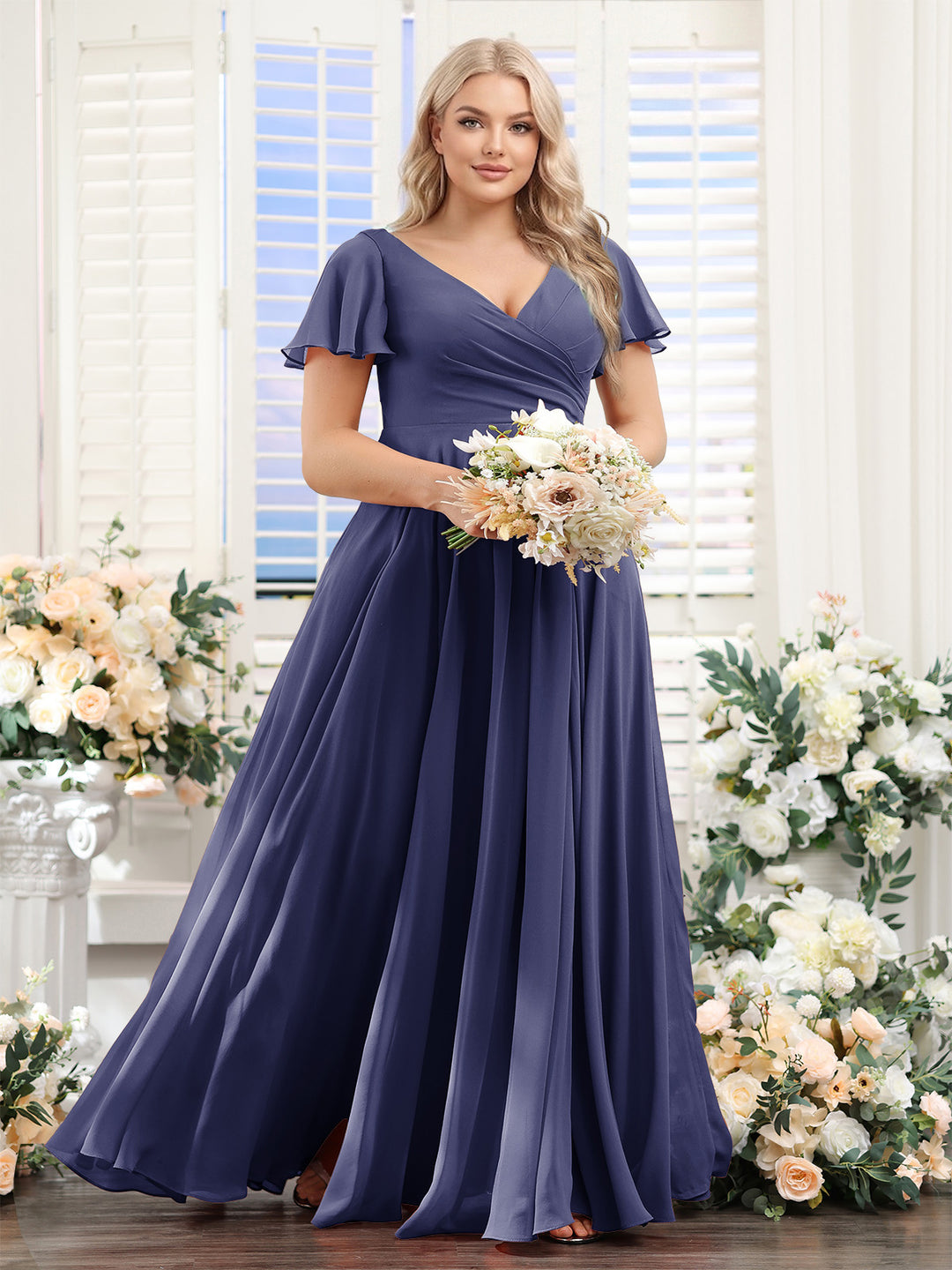 A-Line V-Neck Short Sleeves Split Side Ruched Chiffon Plus Size Bridesmaid Dresses