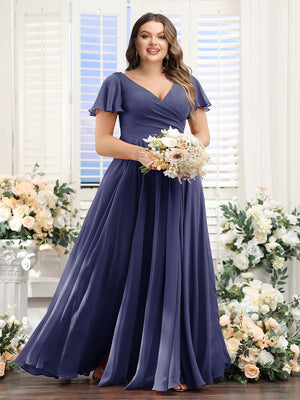 A-Line V-Neck Short Sleeves Split Side Ruched Chiffon Plus Size Bridesmaid Dresses