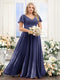 A-Line V-Neck Short Sleeves Split Side Ruched Chiffon Plus Size Bridesmaid Dresses