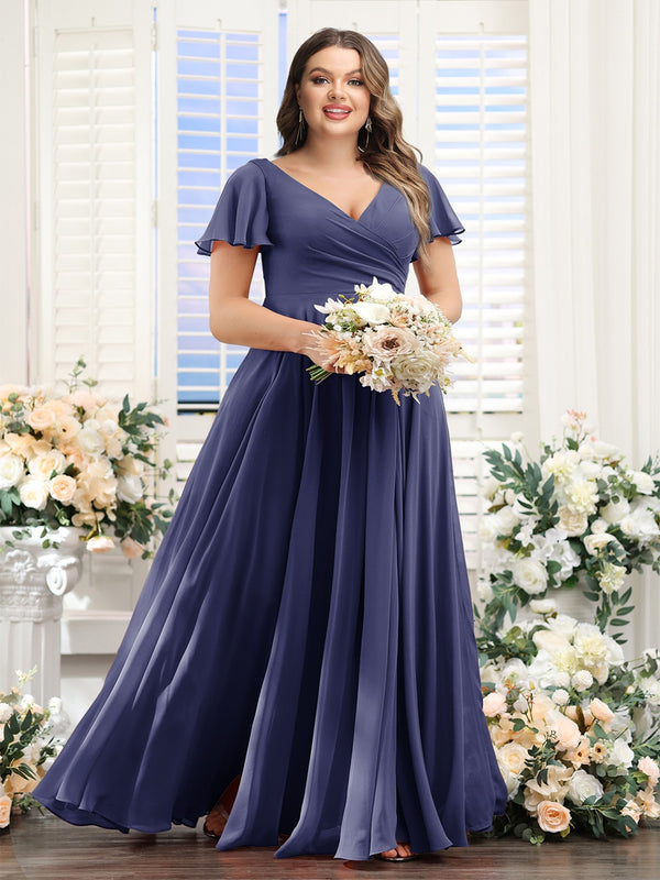 A-Line V-Neck Short Sleeves Split Side Ruched Chiffon Plus Size Bridesmaid Dresses