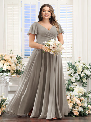A-Line V-Neck Short Sleeves Split Side Ruched Chiffon Plus Size Bridesmaid Dresses