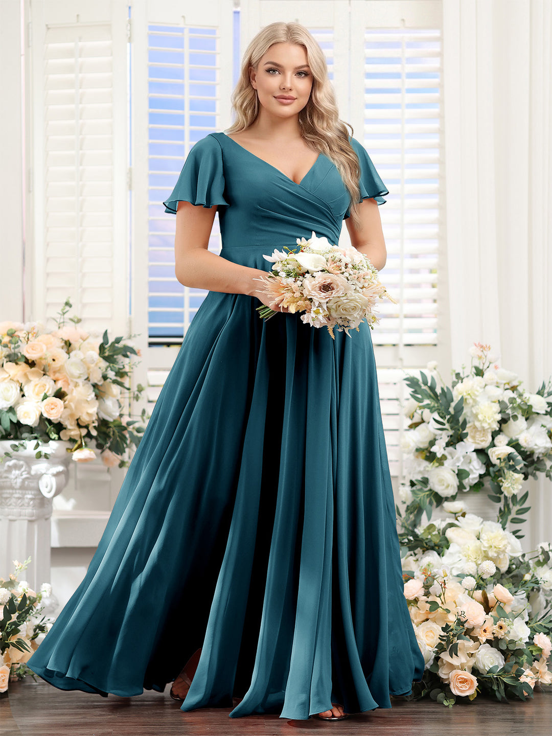 A-Line V-Neck Short Sleeves Split Side Ruched Chiffon Plus Size Bridesmaid Dresses