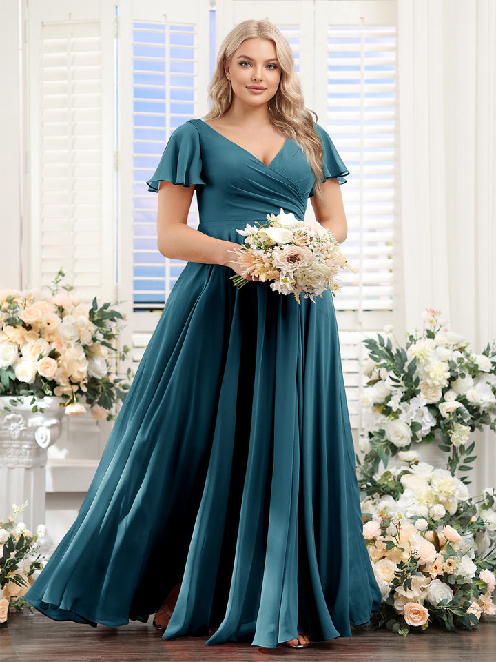 A-Line V-Neck Short Sleeves Split Side Ruched Chiffon Plus Size Bridesmaid Dresses